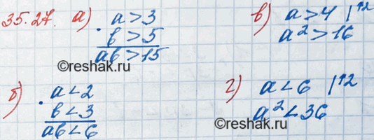 Изображение 31.27. Верно ли, что:  а) если	а > 3, b > 5, то ab > 15;  б) если	а < 2, b < 3, то аb < 6;  в) если	а > 4, то а2 > 16;  г) если	а < 6, то а2 <...