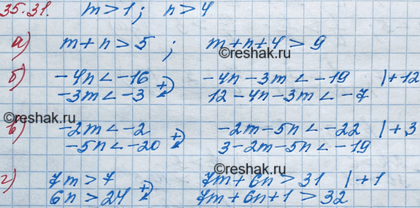 ����������� 31.31. ��������, ��� m > 1, n	> 4. ������� �������� ���������:�) m + n + 4;	�) 12 - 4n - 3m; �) 3 - 2m - 5n;�) 7m + 6n +...