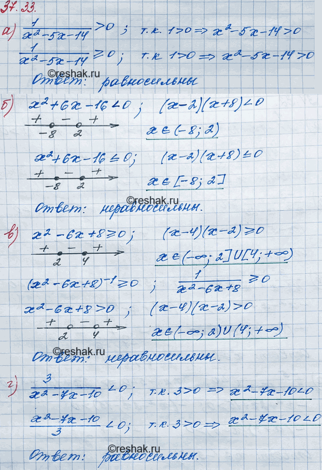 ����������� 34.33.	����������� �� �����������:�) 1/(x2-5x-14) >0 � 1/(x2-5x-14) >-0;�) x2 + 6x � 16 < 0 � �2 + 6� - 16 = 0 � (�2-6� + 8)^-1 >= 0;�) 3/(x2-7x-10) < 0 �...