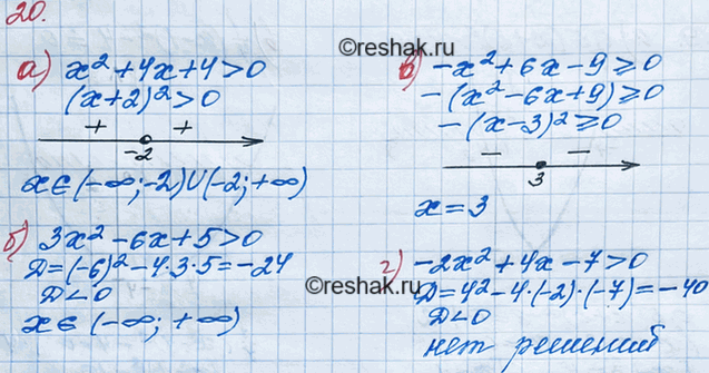 ����������� 20. �) �2 + 4� + 4 > 0;	�) 3x2 - 6� + 5 > 0;	�) -�2 + 6x - 9 >= 0;�) -2x2 + 4� - 7 >...