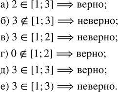 Изображение Какие из следующих утверждений верны, а какие неверны?   а) 2 ? [1; 3];   в) 3 ? |1; 2];   д) 3 ? [1; 3];  б) 3 ? [1; 3];   г) 0 ? [1; 2];    е) 3 ? [1;...