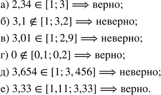 Изображение Какие из следующих утверждений верны, а какие неверны?   а) 2,34 ? [1; 3];  б) 3,1 ? [1; 3,2];  в) 3,01 ? [1; 2,9];  г)...
