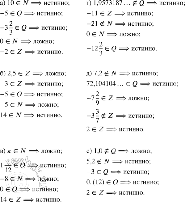 Изображение Выделите из данных высказываний истинные.  а) 10 ? N, -5 ? Q, -3 2/3 ? Q, 0 ? N, -2 ? Z,  б) 2,5 ? Z, -3 ? Z, -5 ? Q, -5 ? N, 14 ?...