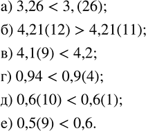 Изображение Сравните данные числа:  а) 3,26 и 3,(26);         г) 0,94 и 0,9(4);   б) 4,21(12) и 4,21(11);   д) 0,6(10) и 0,6(1);  в) 4,1(9) и 4,2;          е) 0,5(9) и...