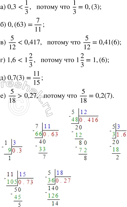 Изображение Сравните данные числа:   а) 0,3 и 1/3;       в) 5/12 и 0,417;   д) 0,7(3) и 11/15;  б) 0,(63) и 7/11;   г) 1,6 и 1 2/3;    е) 5/18 и...