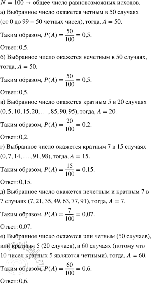 Изображение Наудачу выбирают целое неотрицательное число, которое меньше ста.  Какова вероятность того,...
