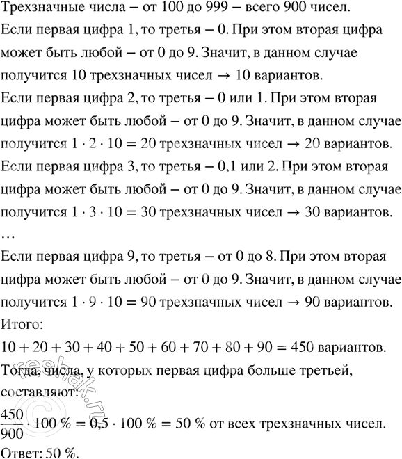 Изображение Найдите, какой процент от всех трёхзначных чисел составляют числа, у которых первая цифра больше...