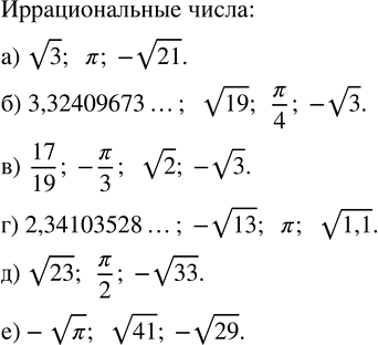 Изображение Выделите иррациональные числа:  а) v3; 0; ?; -v21; 0,0(32);  б) 3,32409673...; v19; ?/4; -v3; 0,1(6);  в) 17/19; -?/3; v2; -v3; 4,(21); ...