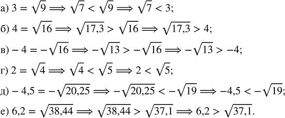 Изображение Сравните числа:  а) v7 и 3;      в) -v13 и -4;   д) -4,5 и -v19;  б) v17,3 и 4;   г) 2 и v5;      е) 6,2 и...