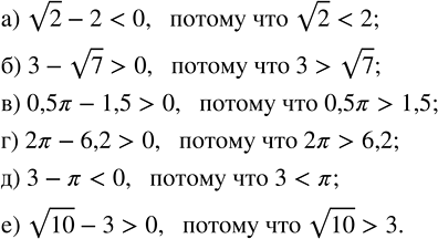 Изображение Сравните с нулём значение числового выражения:  а) v2 — 2;   в) 0,5? — 1,5;   д) 3 — ?;  б) 3 - v7;   г) 2? - 6,2;     е) v10 -...