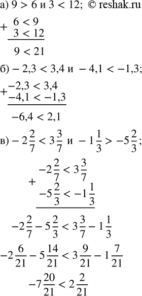 Изображение Сложите почленно неравенства:  а) 9 > 6 и 3 < 12;  б) -2,3 < 3,4 и -4,1 < -1,3;  в) -2 2/7 < 3 3/7 и -1 1/3 > -5 2/3;   г) 11 > -1 и 7...