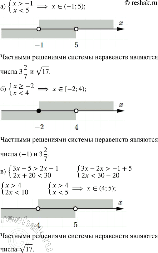 Изображение Какие из чисел —1; 3 2/7; v17 являются частными решениями системы неравенств:  а) {x > -1; x < 5};     б) {x ?...