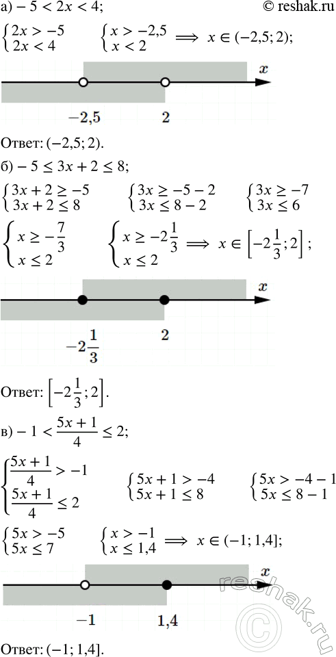 Изображение Решите двойное неравенство:  а) -5 < 2x < 4;   б) -5 ? 3x + 2 ? 8;   в) -1 < (5x + 1)/4 ? 2;   г) -6 < 3x < 18;   д) -3 ? 2x + 1 ? 3;   е) -2 ? (4x - 3)/7 <...