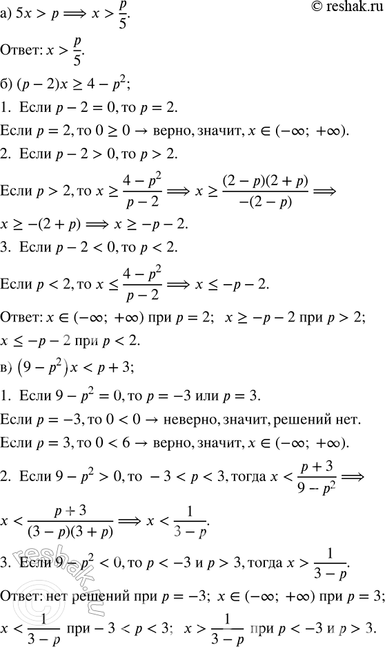 Изображение Решите неравенство с параметром р:  а) 5х > р;               г) рх < р;  б) (р - 2)х ? 4 - р^2;   д) (р - 3)х ? 2р^2 - бр; ...