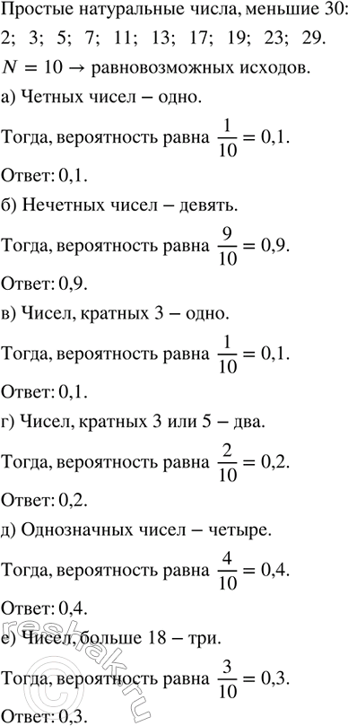 Изображение Наудачу выбирают простое натуральное число, меньшее 30. Найдите вероятность того, что оно:  а)...