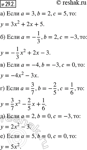  29.2.     = ^2 + b + ,  :) a = 3, b = 2, c = 5;       ) a = 3/7, b = -2/5, c = 1/6;) a = -1/3, b = 2, c = -3;   ) a = 2,...