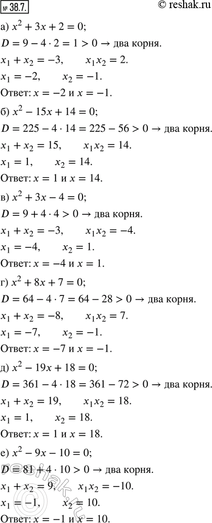  38.7.    ,    :) x^2 + 3x + 2 = 0;     ) x^2 + 8x + 7 = 0;) x^2 - 15x + 14 = 0;   ) x^2 - 19x + 18 =...
