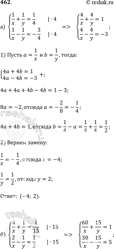  ) 1/x + 1/y = 1/4  1/x - 1/y = -3/4;) 4/x + 1/y = 1/15  2/x - 1/y = 1/3;) 8/(x + y) + 4/(x - y) = 3  2/(x + y) - 4/(x - y) = 2;) 6/(x + y) + 1/(x - y) = 1 ...