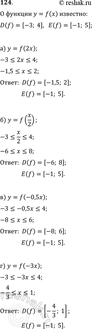  124.  y=f(x)    D(f)=[-3; 4]    E(f)=[-1; 5].       :) y=f(2x);   )...