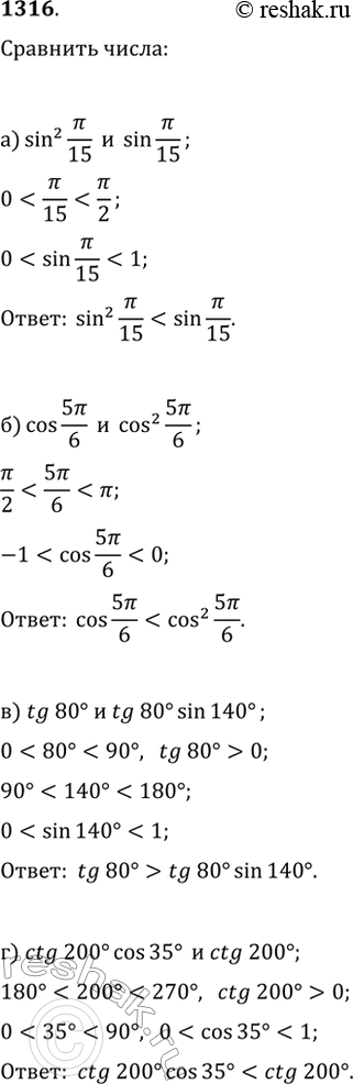  1316. :) sin^2(?/15)  sin(?/15);   ) tg(80)  tg(80)sin(140);) cos(5?/6)  cos^2(5?/6);   ) ctg(200)cos(35) ...