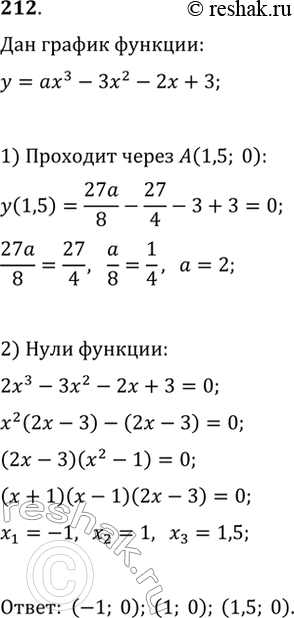  212.       y=ax^3-3x^2-2x+3   ,  ,        A(1,5;...