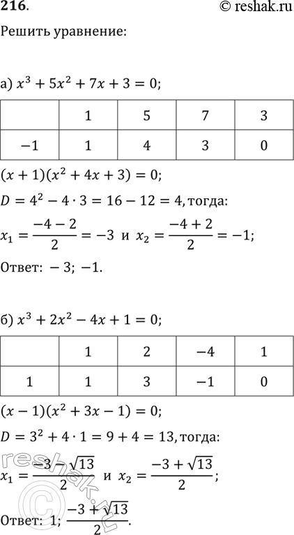  216.  :) x^3+5x^2+7x+3=0;   ) y^3-y^2-8y+12=0;) x^3+2x^2-4x+1=0;   )...