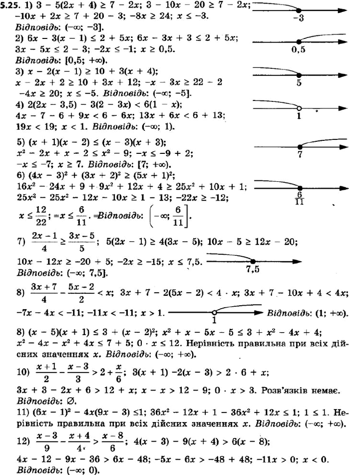  134.  :1) 3 - 5(2x + 4) >= 7 - 2x;2) 6x - 3(x - 1) = 10 + 3(x + 4);4) 2(2x - 3,5) - 3(2 - 3x) < 6(1 - x);5) (x + 1 )(x - 2) = (5x + 1)^2;7)...