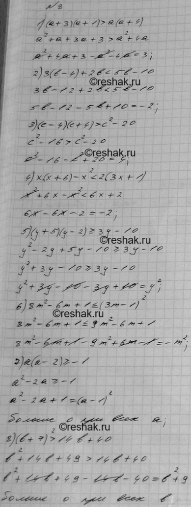 Изображение Докажите, что при любом значении переменной верно неравенство:  1) (а + 3)(а + 1) > а(а + 4);  2) 3(b - 4) + 2b...