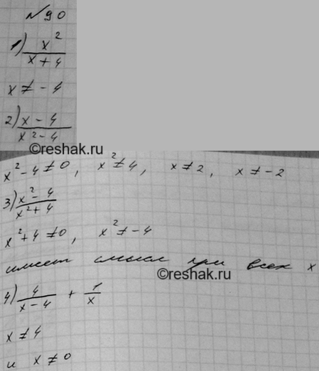 Изображение При каких значениях переменной имеет смысл выражение:  1) x^2/(x + 4);  2) (х - 4)/(x^2 - 4);   3) (x^2 - 4)/(x^2 + 4);  4) 4/(x - 4) +...