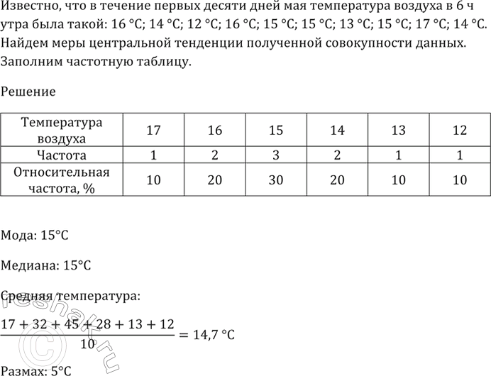 Изображение В течение первых десяти дней мая температура воздуха в 6 ч утра была такой: 16 °С; 14 °С; 12 °С; 16...