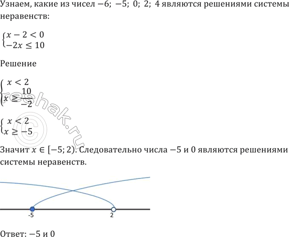 Изображение Какие из чисел -6; -5; 0; 2; 4 являются решениями системы неравенств  система  х - 2 < 0, ...