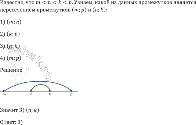 Изображение Известно, что m < n < k < р. Какой из данных промежутков является пересечением промежутков (m; р) и (n; k):  1) (m; n);   2) (k; р);   3) (n; k);   4) (m;...