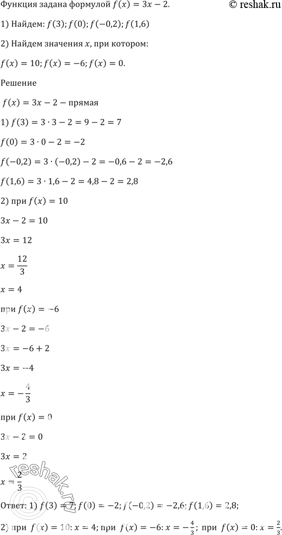 Изображение Функция задана формулой f(x) = Зх - 2.  1) Найдите: f(3); f(0); f(-0,2); f(1,6).  2) Найдите значение х, при котором: f(x) = 10; f(x) = -6; f(х) =...