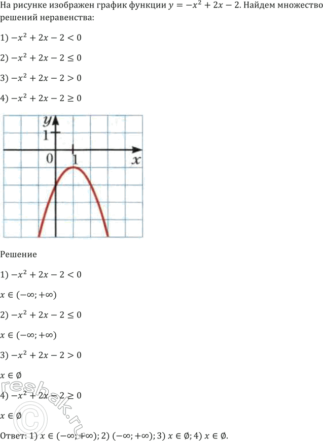 Изображение На рисунке 80 изображён график функции у = -х^2 + 2х - 2. Найдите множество решений неравенства:  1) -х^2 + 2х - 2 < 0;   2) -х^2 + 2х - 2  0;  4) -х^2 + 2х - 2 >=...