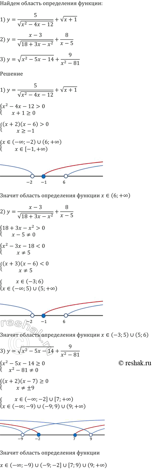 Изображение Найдите область определения функции:  1) y = 5/корень(x^2 - 4х - 12) + корень(x +...