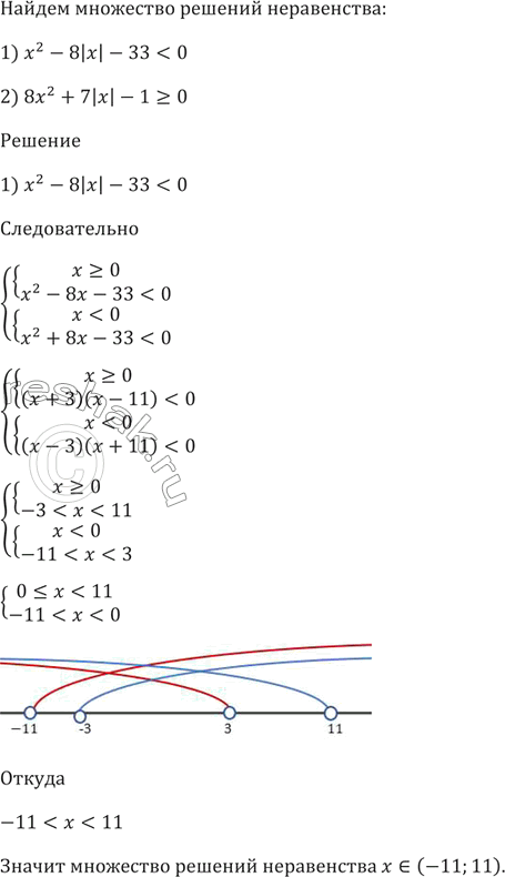 Изображение Найдите множество решений неравенства:  1) х^2 - 8|х| - 33 < 0;   2) 8х^2 + 7|х| - 1 >=...