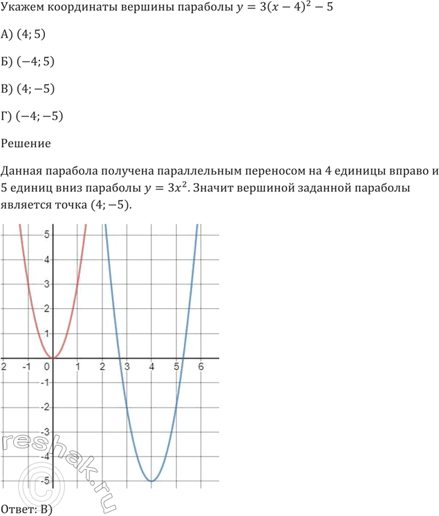 Изображение Укажите координаты вершины параболы у = 3(x - 4)^2 - 5.  А) (4; 5)   Б) (-4; 5)   В) (4; -5)  Г) (-4;...