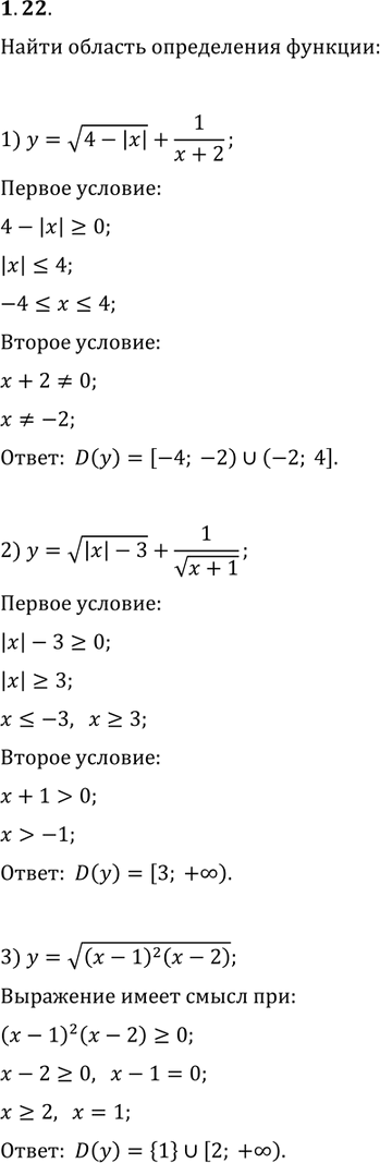  1.22.    :1) y=v(4-|x|)+1/(x+2);   4) y=v(|x+1|(x-3));2) y=v(|x|-3)+1/v(x+1);   5) y=1/v(x^2 (x+2));3) y=v((x-1)^2 (x-2));   6)...
