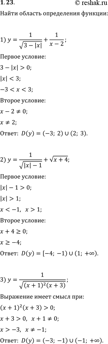  1.23.    :1) y=1/v(3-|x|)+1/(x-2);   4) y=v((x+4)^2 (x-3));2) y=1/v(|x|-1)+v(x+4);   5) y=v(|x+5|(x+2));3) y=1/v((x+1)^2 (x+3));  ...