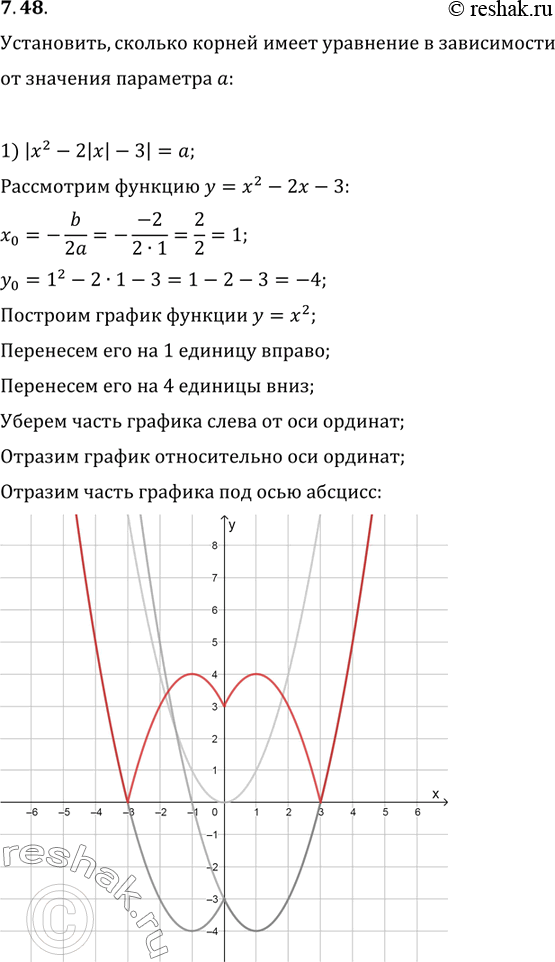  7.48. ,          a:1) |x^2-2|x|-3|=a;   2)...