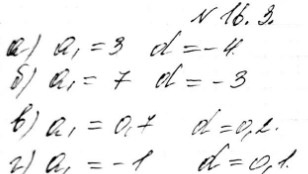 ����������� 16.3. ������� ������ ���� � �������� �������������� ����������:�) 3, -1, -5, -9,...;�) 7, 4, 1, -2, ... ;�) 0,7, 0,9, 1,1, 1,3, ...;�) -1, -0,9, -0,8, -0,7,......