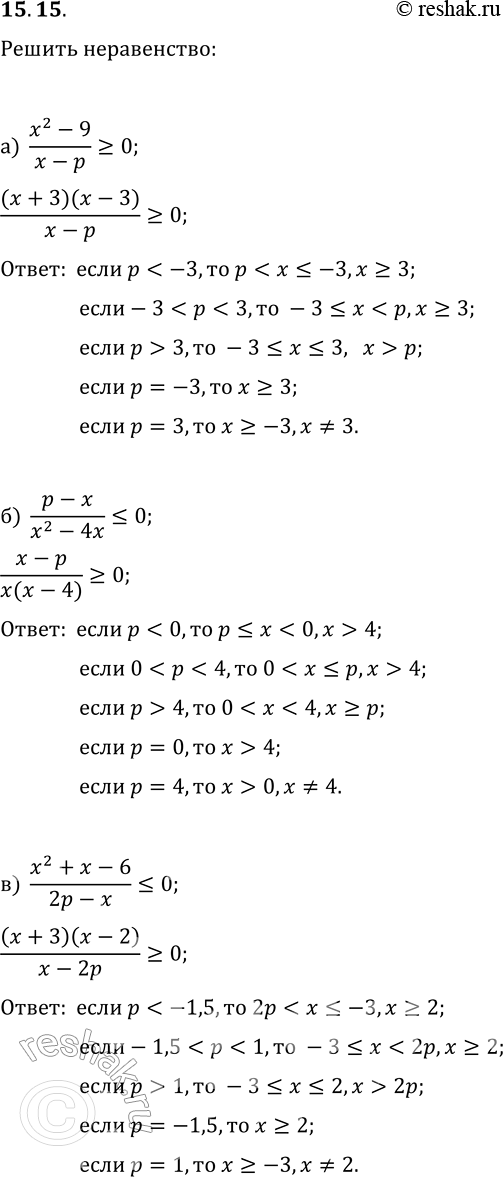  15.15.     :) (x^2-9)/(x-p)?0;   ) (x-2p)/(x^2-16)>0;) (p-x)/(x^2-4x)?0;   ) (2x-4x^2)/(x-3p)?0;) (x^2+x-6)/(2p-x)?0;   )...