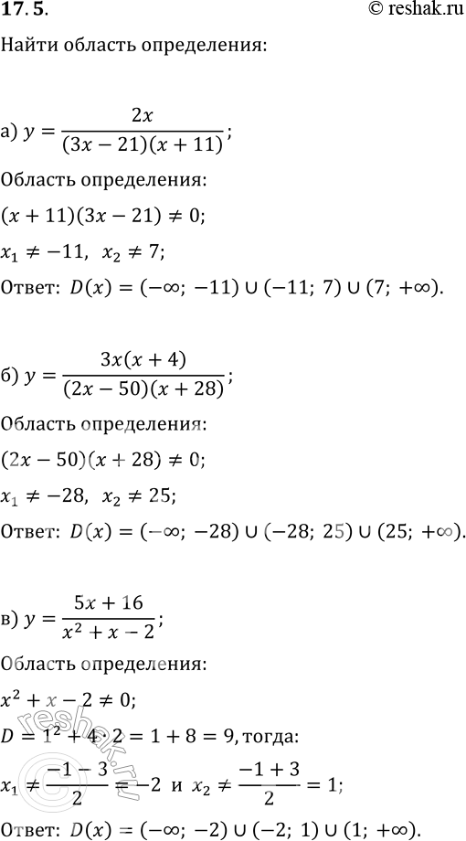  17.5.  ()    :) y=2x/((3x-21)(x+11));   ) y=3x^2/((7x-35)(x+13));) y=3x(x+4)/((2x-50)(x+28));   )...