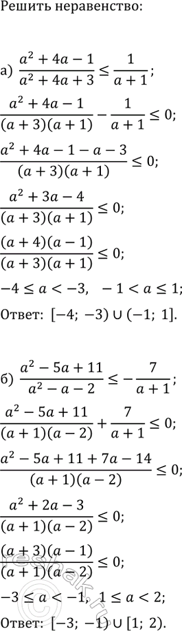 Изображение Решите неравенство:  а) (a^2+4a-1)/(a^2+4a+3)?1/(a+1);  б)...