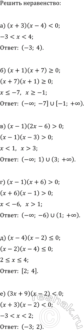 Изображение Решить неравенство:  а) (x+3)(x-4)0;  б) (x+1)(x+7)?0;   д) (x-4)(x-2)?0;  в) (x-5)(3-x)>0;   е)...