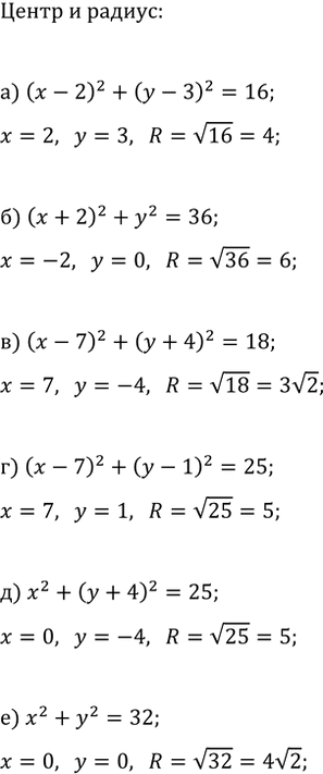 Изображение Найдите координаты центра и радиус окружности:  а) (x-2)^2+(y-3)^2=16;   г) (x-7)^2+(y-1)^2=25;  б) (x+5)^2+(y+2)^2=9;   д)...