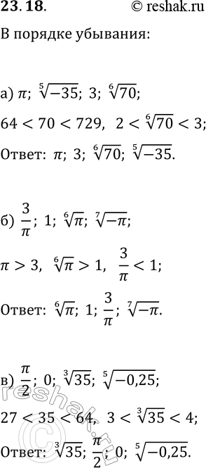  23.18.     :) ?, (-35)^(1/5), 3, 70^(1/6);) 3/?, 1, ?^(1/6), (-?)^(1/7);) ?/2, 0, 35^(1/3), (-0,25)^(1/5);) ?/3, v?,...