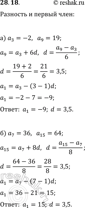  28.18.        (a_n), :) a_3=-2, a_9=19;   ) a_5=9, a_16=-24;) a_7=36, a_15=64;   ) a_6=43,...