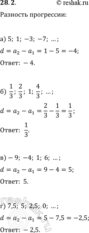  28.2.    :) 5, 1, -3, -7, ...;   ) -9, -4, 1, 6, ...;) 1/3, 2/3, 1, 4/3, ...;   ) 7,5, 5, 2,5, 0, ......