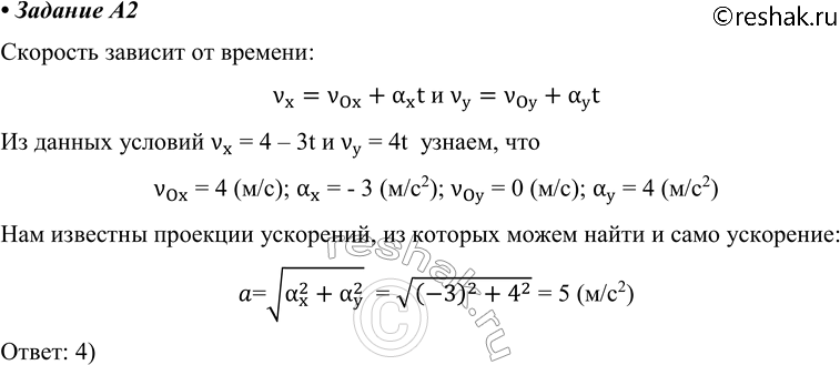 ����������� A2 �������� �������� �� ��� �� � OY ���������� �������� ���������� vx = 4 - 3t, vy = 4t. ���������, � ������� �������� �����, ����� 1) 2 �/�2	2) 4 �/�2	3) -1...